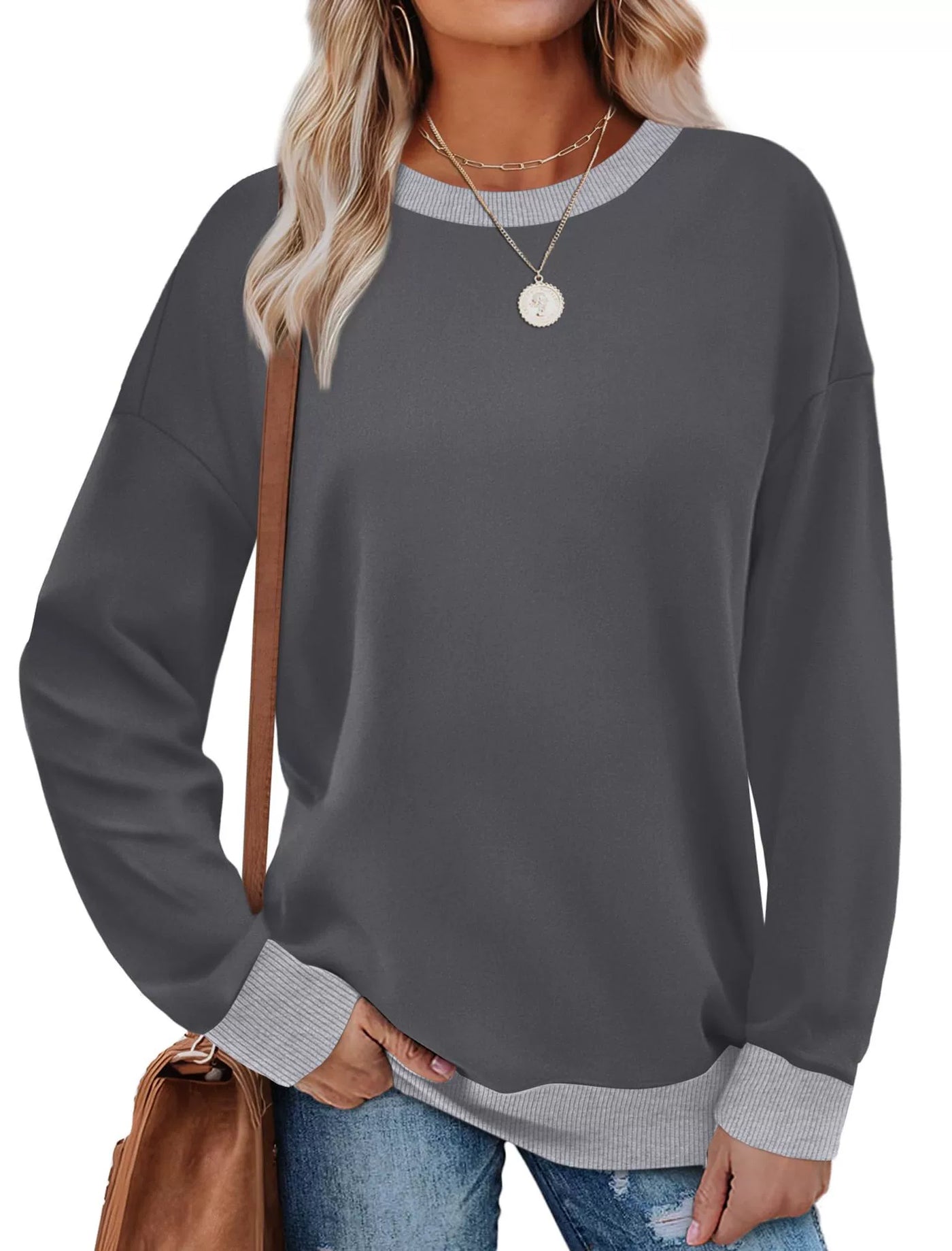 MARGA- Contrast Trim Crew Neck Long Sleeve Tunic Sweatshirt